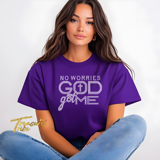 No Worries God Got Me Rhinestone Purple Tshirt front side