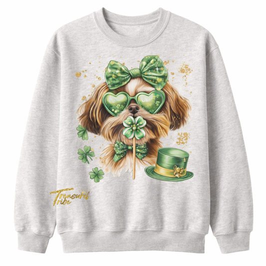 Gray sweatshirt with a Shih Tzu dog wearing green accessories and shamrocks on a white background